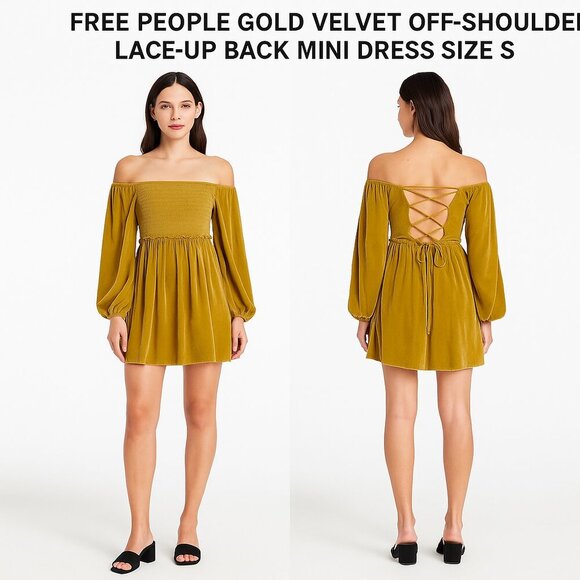 Free People Gold Velvet Off-Shoulder Lace-Up Back Mini Dress Size S